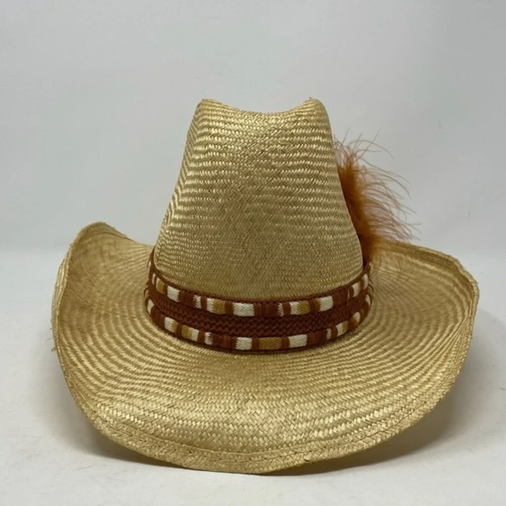 Vtg Stomper Unisex Cowboy Hat Woven‎ Band Feather Accent Straw  Western Rodeo